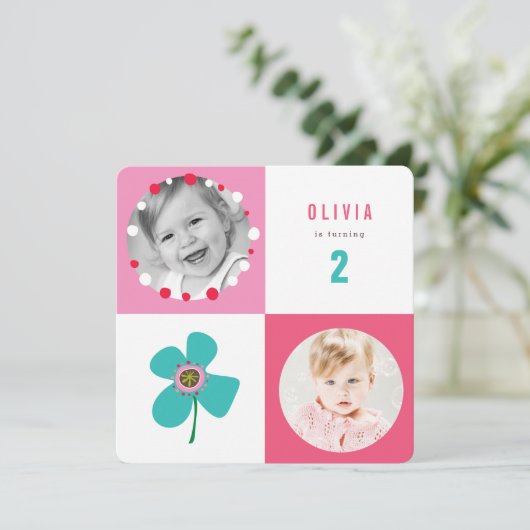 Blue Daisy Pop Squares Girl Birthday Foto nodigt u Kaart (Staand voorkant)