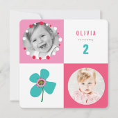 Blue Daisy Pop Squares Girl Birthday Foto nodigt u Kaart (Voorkant)