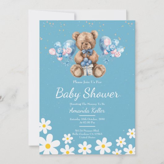 Blue Daisy Teddy Bear-Baby shower Kaart (Voorkant)