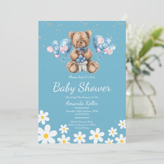Blue Daisy Teddy Bear-Baby shower Kaart (Staand voorkant)