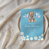 Blue Daisy Teddy Bear-Baby shower Kaart