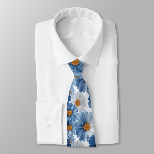 Blue Daisy Watercolor Floral Pattern Stropdas (Gebonden)