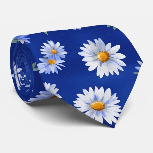 Blue Daisy Watercolor Floral Pattern Stropdas (Opgerold)