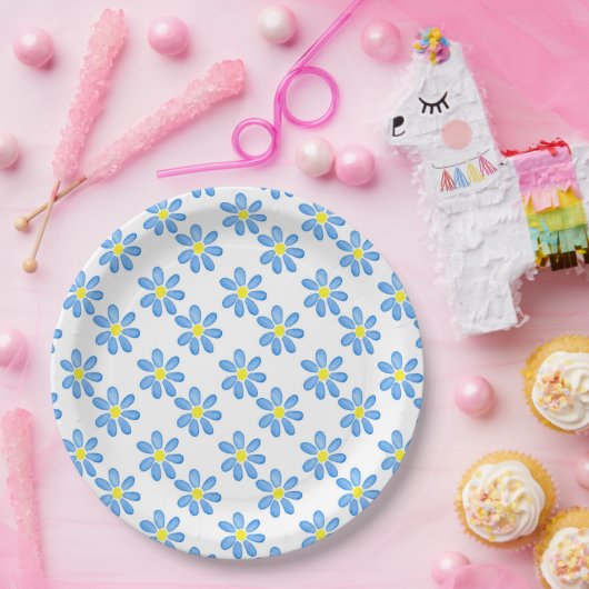 Blue Daisy Waterverf Pattern 2 Papieren Bordje (Feest)
