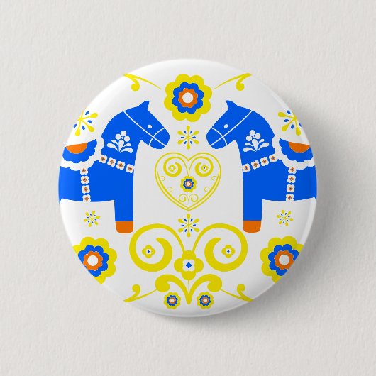 Blue Dala Horses Ronde Button 5,7 Cm (Voorkant)