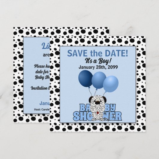 Blue Dalmatian Boys Baby shower Save The Date (Voorkant / Achterkant)