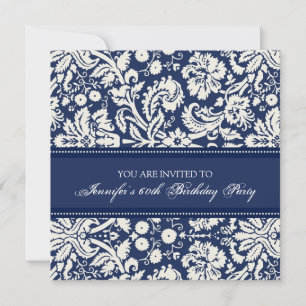 Blue Damask 60th Birthday Party Invitations Kaart