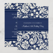Blue Damask 75th Birthday Party Invitations Kaart (Voorkant / Achterkant)
