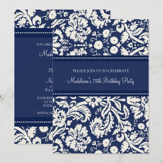 Blue Damask 75th Birthday Party Invitations Kaart (Voorkant / Achterkant)