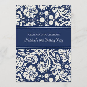 Blue Damask 80th Birthday Party-uitnodigingen Kaart