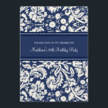 Blue Damask 90th Birthday Party Invitations Kaart<br><div class="desc">Aangepast 90th Birthday-feest-uitnodigingen in elegant donkerblauw,  crème en wit klassiek  patroon van florale vocht. Voeg jouw naam en partijdetails voor een unieke en stijlvolle uitnodiging van de verjaardagspartij toe.</div>