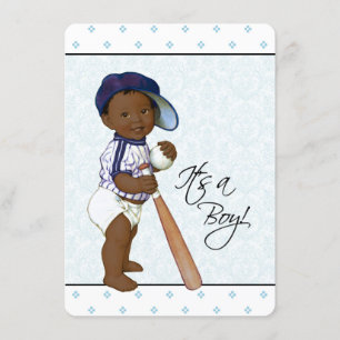 Blue Damask African American Baby Boy Shower Kaart