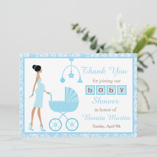 Blue Damask African American Woman Baby shower Bedankkaart (Staand voorkant)