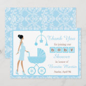 Blue Damask African American Woman Baby shower Bedankkaart (Voorkant / Achterkant)