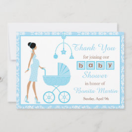 Blue Damask African American Woman Baby shower Bedankkaart