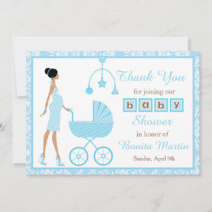 Blue Damask African American Woman Baby shower Bedankkaart