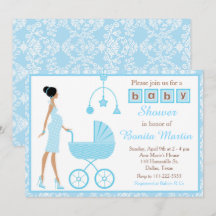 Blue Damask African American Woman Baby shower