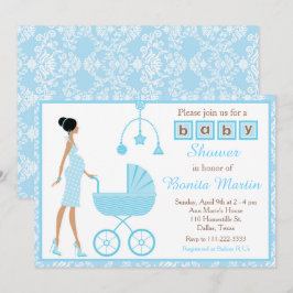 Blue Damask African American Woman Baby shower Kaart