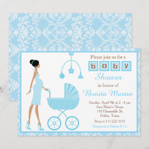 Blue Damask African American Woman Baby shower Kaart