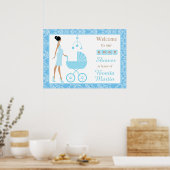 Blue Damask African American Woman Baby shower Poster (Keuken)