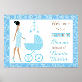 Blue Damask African American Woman Baby shower Poster