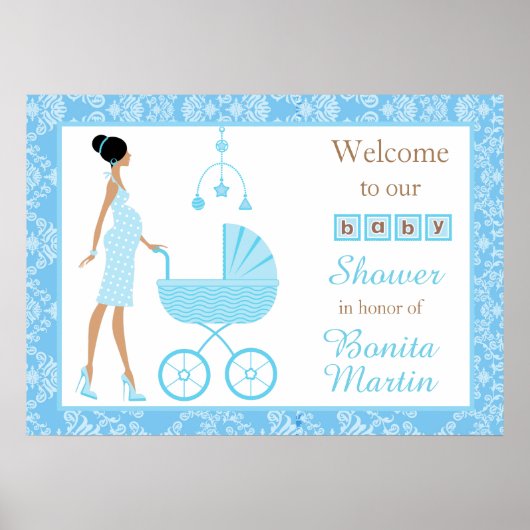 Blue Damask African American Woman Baby shower Poster (Voorkant)