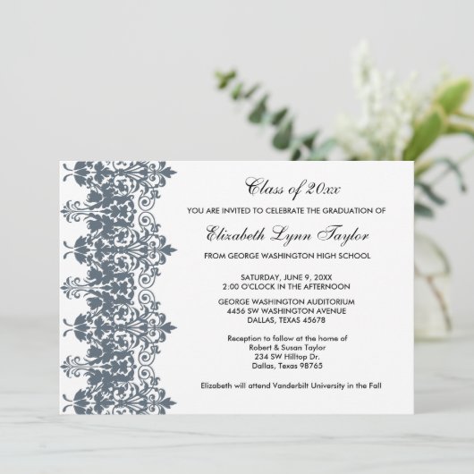 Blue Damask Afstuderen aangekondigd Kaart (Staand voorkant)