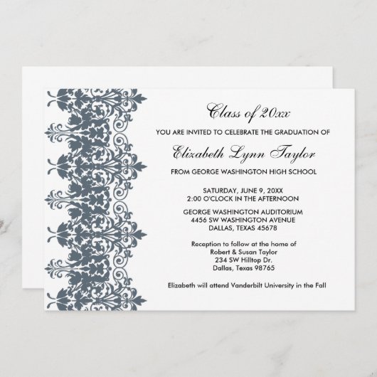 Blue Damask Afstuderen aangekondigd Kaart (Voorkant / Achterkant)