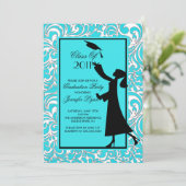Blue Damask Afstuderen Invitation Silhouette Afstu Kaart (Staand voorkant)