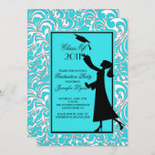 Blue Damask Afstuderen Invitation Silhouette Afstu Kaart (Voorkant / Achterkant)