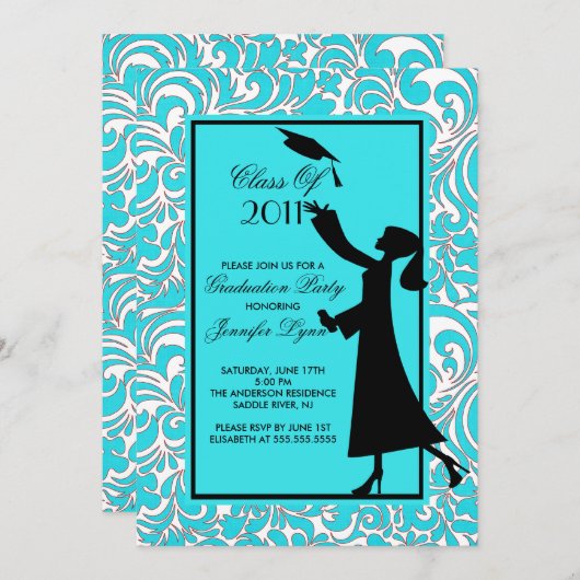 Blue Damask Afstuderen Invitation Silhouette Afstu Kaart (Voorkant / Achterkant)