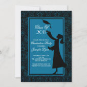 Blue Damask Afstuderen Invitation Silhouette Afstu Kaart (Voorkant)