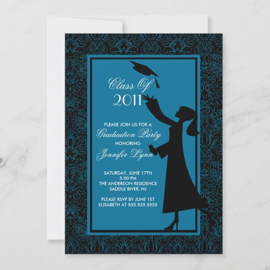 Blue Damask Afstuderen Invitation Silhouette Afstu Kaart (Voorkant)