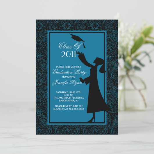 Blue Damask Afstuderen Invitation Silhouette Afstu Kaart (Staand voorkant)