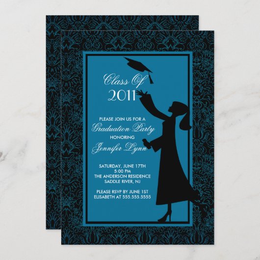 Blue Damask Afstuderen Invitation Silhouette Afstu Kaart (Voorkant / Achterkant)