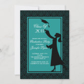 Blue Damask Afstuderen Invitation Silhouette Afstu Kaart (Voorkant)