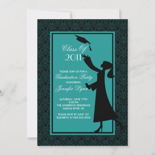 Blue Damask Afstuderen Invitation Silhouette Afstu Kaart (Voorkant)