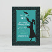 Blue Damask Afstuderen Invitation Silhouette Afstu Kaart (Staand voorkant)