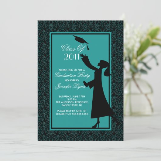 Blue Damask Afstuderen Invitation Silhouette Afstu Kaart (Staand voorkant)