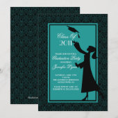 Blue Damask Afstuderen Invitation Silhouette Afstu Kaart (Voorkant / Achterkant)