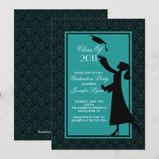 Blue Damask Afstuderen Invitation Silhouette Afstu Kaart (Voorkant / Achterkant)