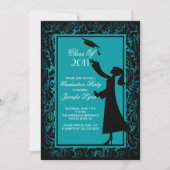 Blue Damask Afstuderen Invitation Silhouette Afstu Kaart (Voorkant)