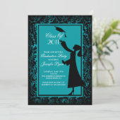 Blue Damask Afstuderen Invitation Silhouette Afstu Kaart (Staand voorkant)