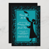 Blue Damask Afstuderen Invitation Silhouette Afstu Kaart (Voorkant / Achterkant)