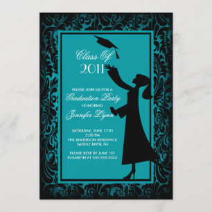 Blue Damask Afstuderen Invitation Silhouette Afstu Kaart