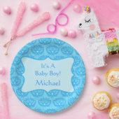 Blue Damask Baby Boy Name Persoonlijk Papieren Bordje (Feest)