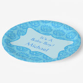 Blue Damask Baby Boy Name Persoonlijk Papieren Bordje (Gekanteld)