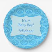 Blue Damask Baby Boy Name Persoonlijk Papieren Bordje (Voorkant)