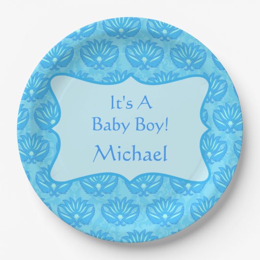 Blue Damask Baby Boy Name Persoonlijk Papieren Bordje (Voorkant)