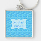 Blue Damask Baby Boy Name Persoonlijk Sleutelhanger (Voorkant)
